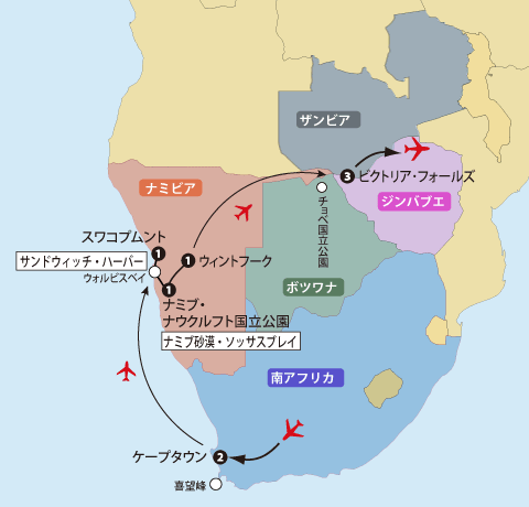 ナミブ砂漠と南部アフリカ５カ国地図sp