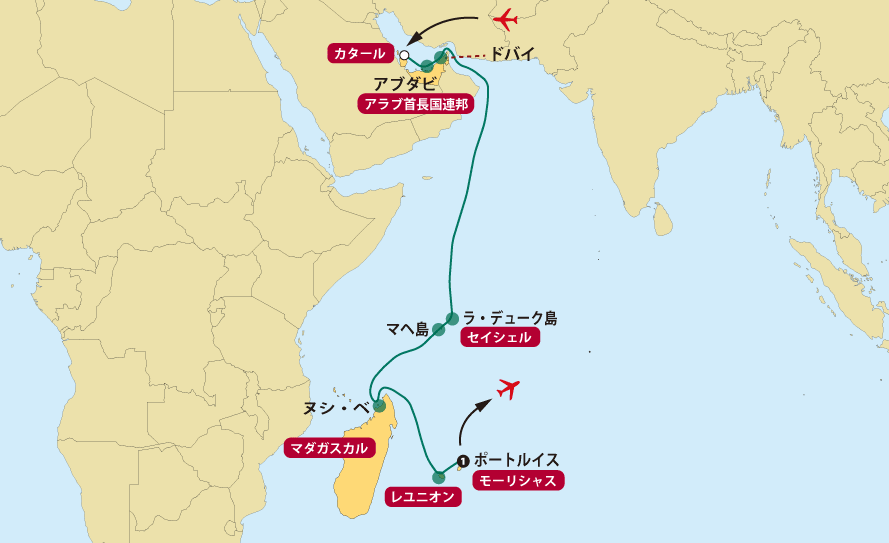 アラビア半島からインド洋４カ国への船旅地図