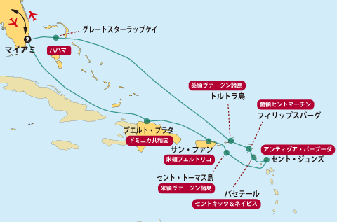 カリブ海の小さな島国を巡る船旅地図