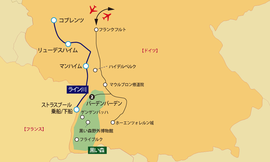 クロワジヨーロッパ・ライン川「火祭り」クルーズ地図