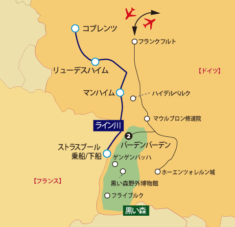 クロワジヨーロッパ・ライン川「火祭り」クルーズ地図