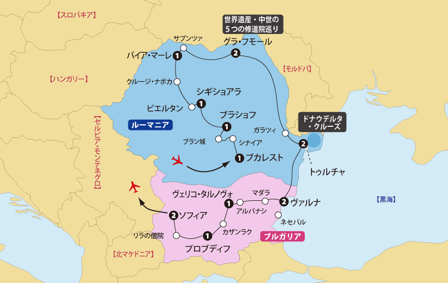 バラ祭り見学 ルーマニア・ブルガリア大周遊 17日間地図pc