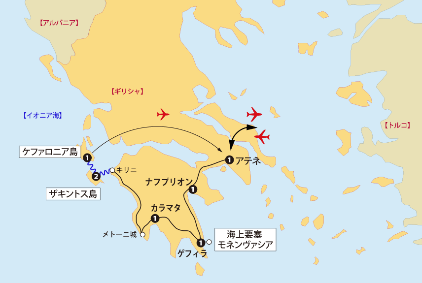 モネンヴァシアからザキントス島、ケファロニア島への旅地図