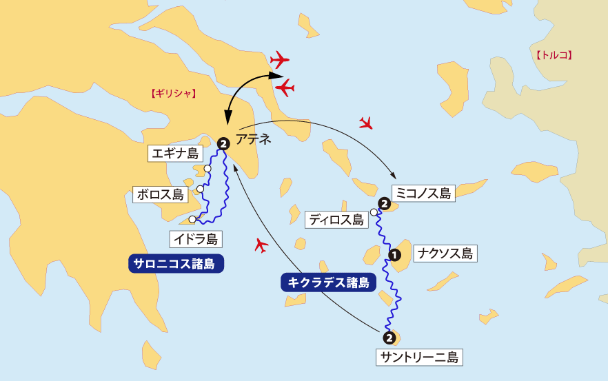 モネンヴァシアからザキントス島、ケファロニア島への旅地図