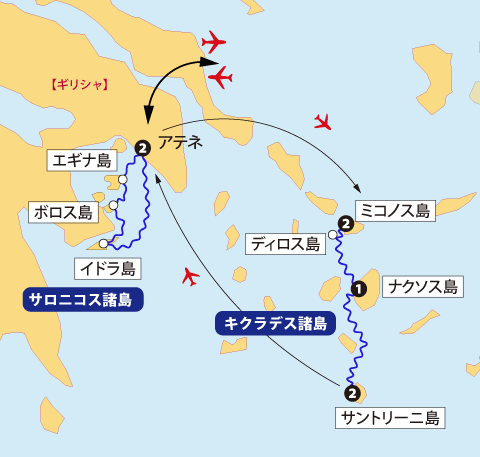 モネンヴァシアからザキントス島、ケファロニア島への旅地図