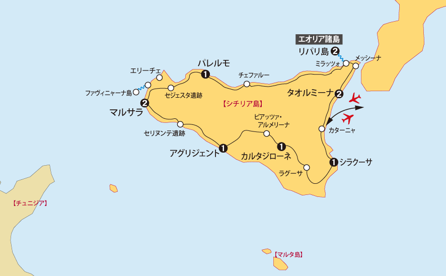シチリア島大周遊地図