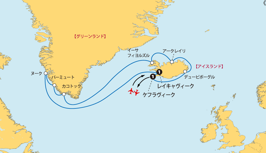 アイスランド・グリーンランドクルーズ地図