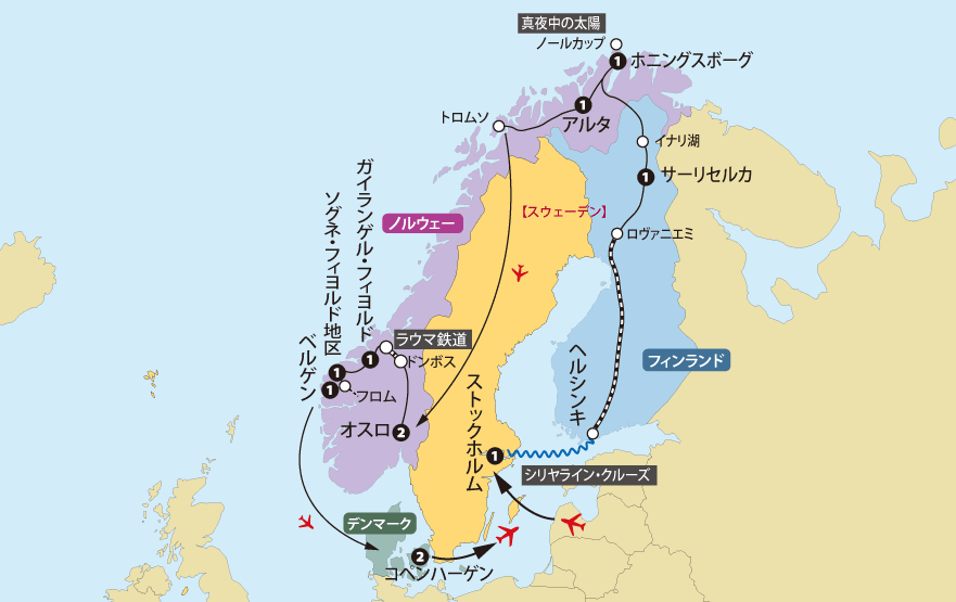 白夜のノールカップと４大フィヨルドツアー地図pc