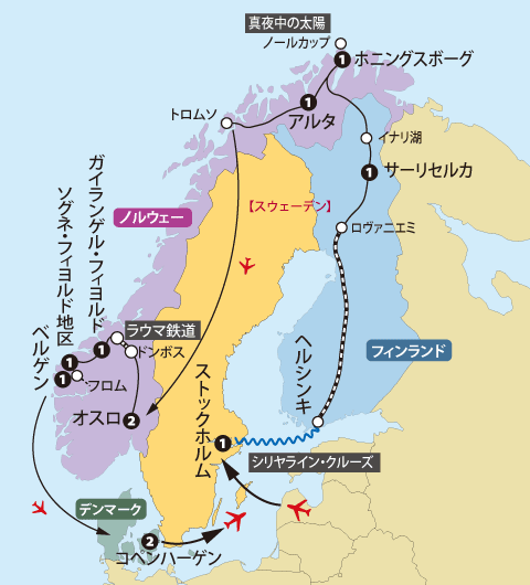 白夜のノールカップと４大フィヨルドツアー地図sp