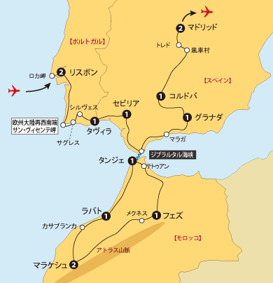 スペインポルトガルモロッコ15日間地図sp