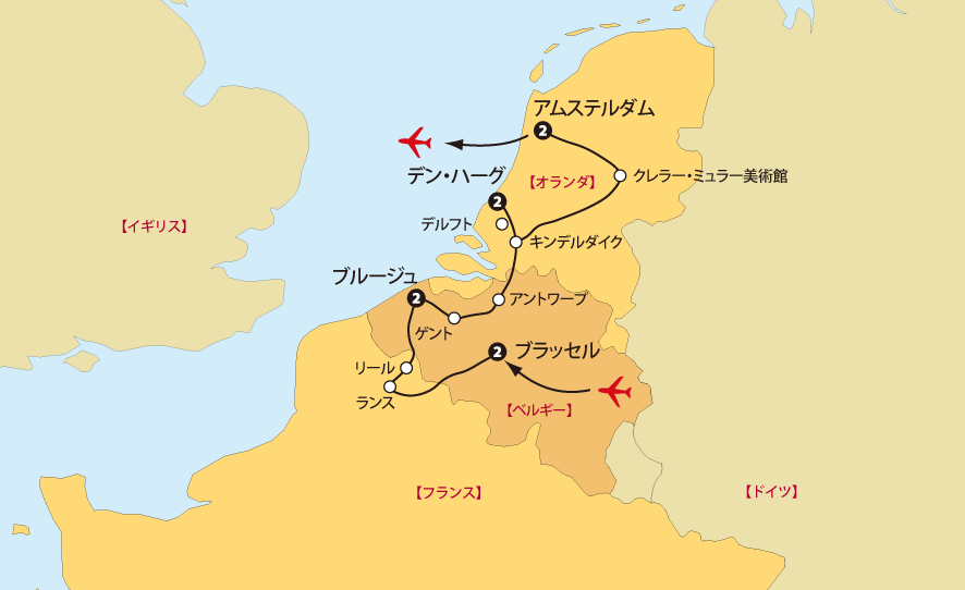 オランダベルギー北フランス美術館巡り地図