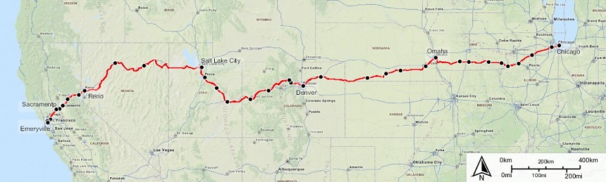 カリフォルニア・・ゼファー号路線図